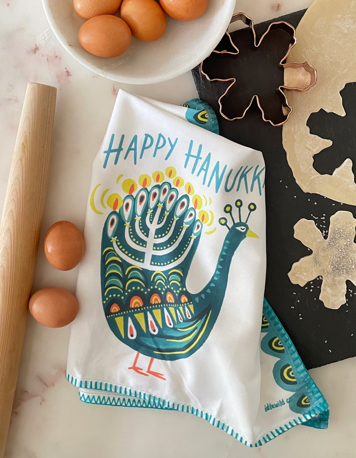 Cotton Holiday Tea Towel | Peacock Menorah