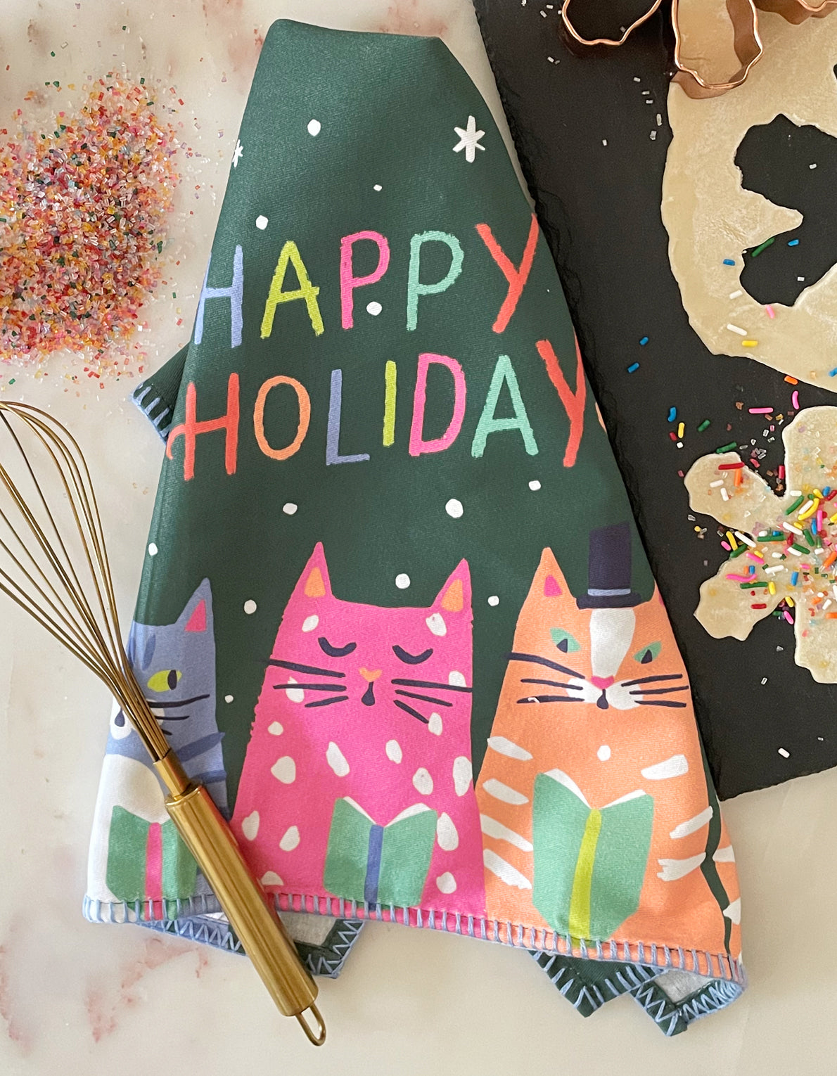 Cotton Holiday Tea Towel | Kitty Carols