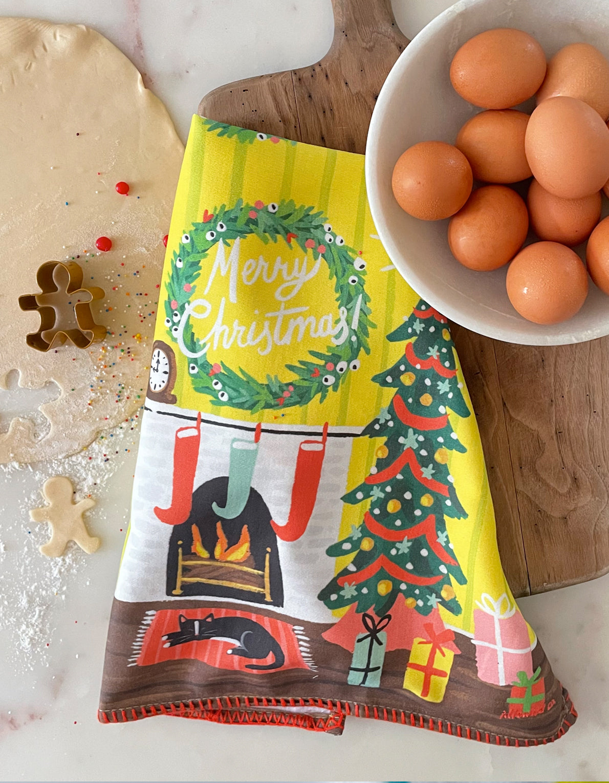 Cotton Holiday Tea Towel | Festive Fireplace